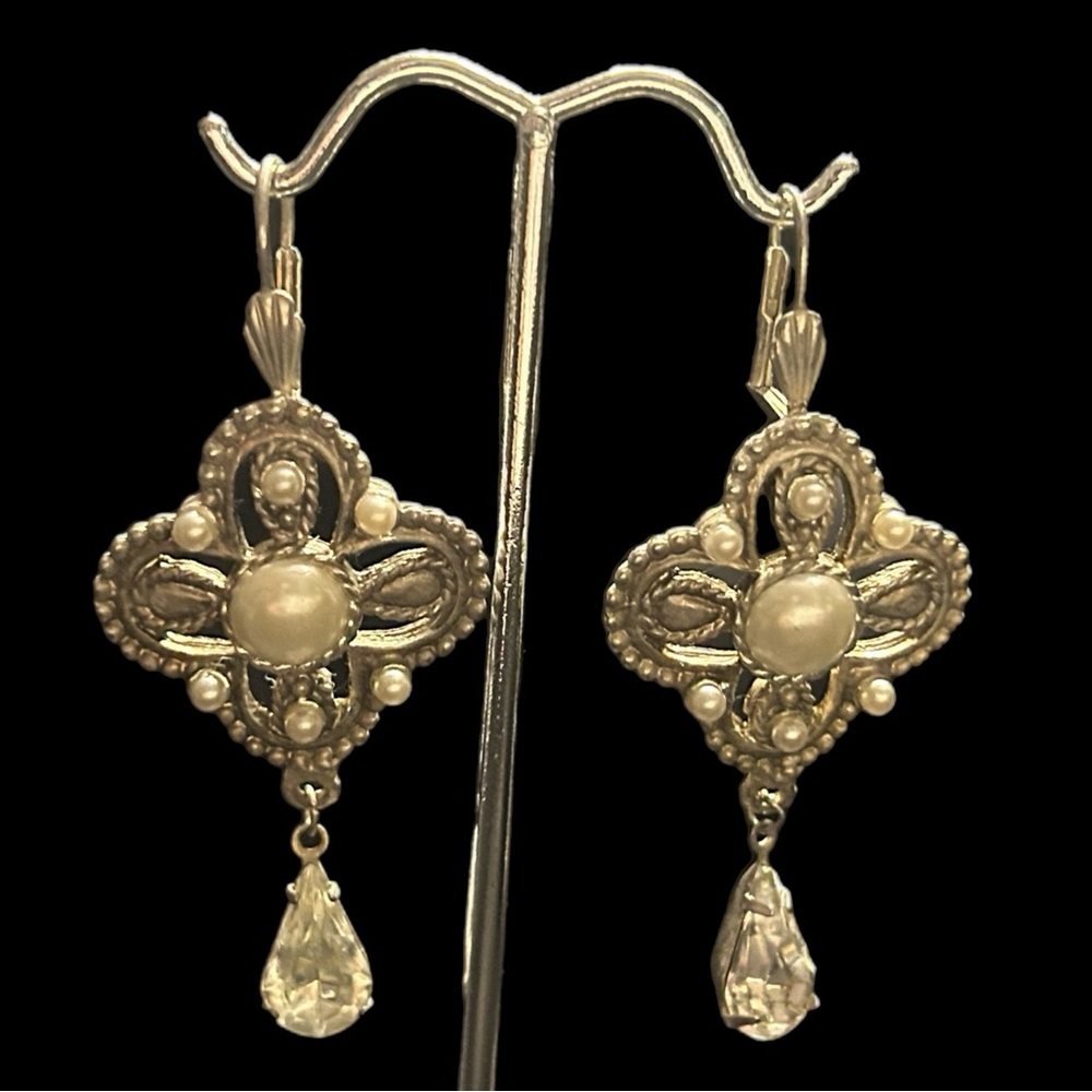 Silver-Toned Pearl & Rhinestone Cross Gauges
